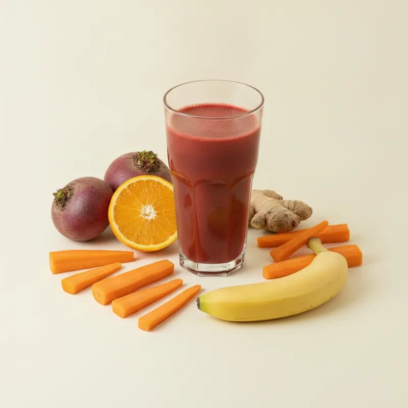 Jugo Energía: remolacha, naranja, zanahoria, banano, jengibre