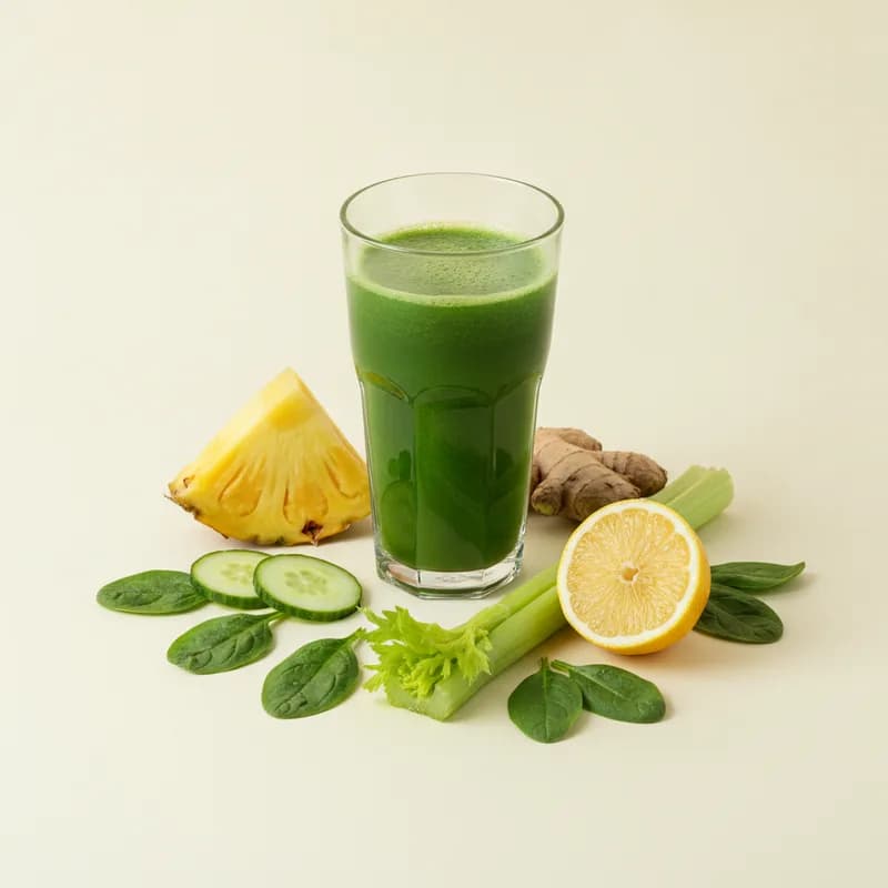 Jugo Quema: piña, pepino, apio, espinaca, jengibre, limón